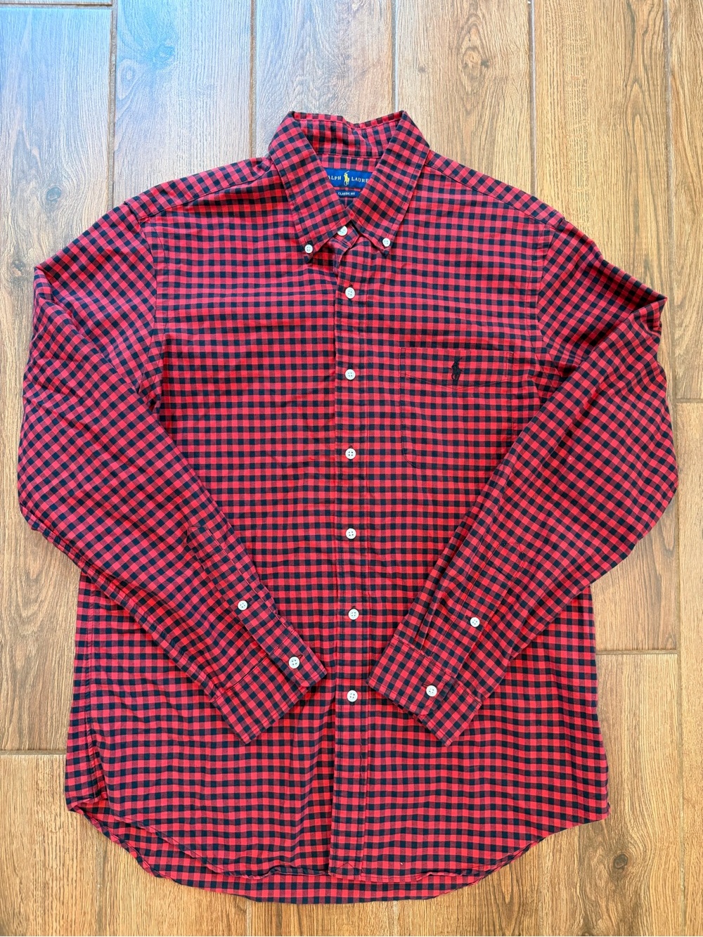 Ralph Lauren Red and Black Checked Button-Down Shirt / men’s large